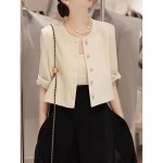 Elegant Women's Solid Half Sleeve Blazer - Stylish Crew Neck Button Front Outerwear