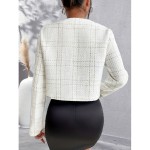 Button Front Plaid Blazer, Elegant Crew Neck Long Sleeve Outerwear, Women's Clothing